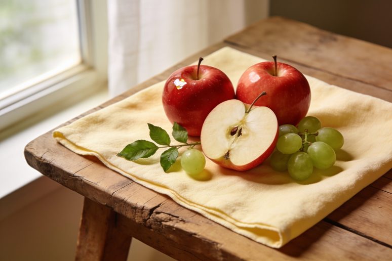 Apples and grapes on linen