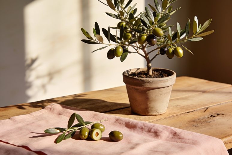 Small potted olive tree with olives and a cut branch
