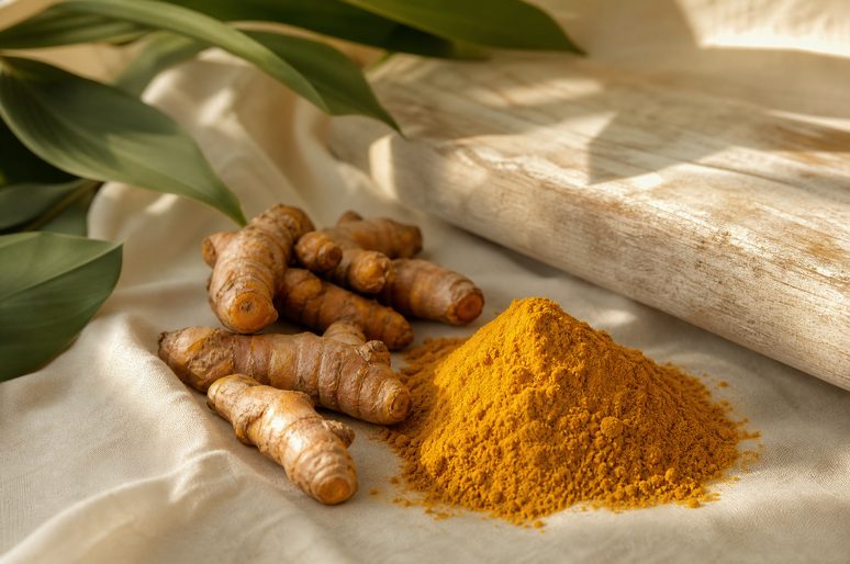 Fresh turmeric root and ground turmeric on linen