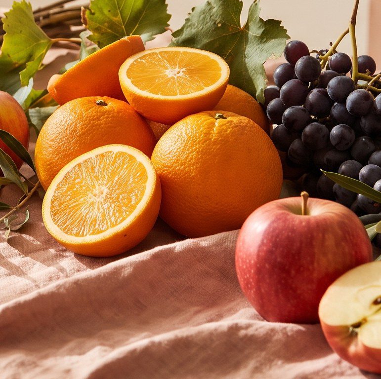 Oranges, apples and grapes on linen